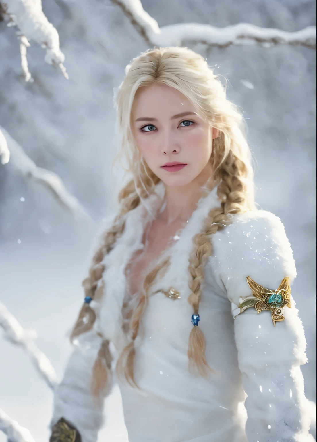 (Realisttic:1.2), analog photo style, female nordic warrior, fantasy snowy setting, braided blonde hair, full body, soft natural light, cute and sexy, pleasure, detailed face and blue eyes, great quality, Masterpiece, detailed northern background, 16k quality, RAW photo