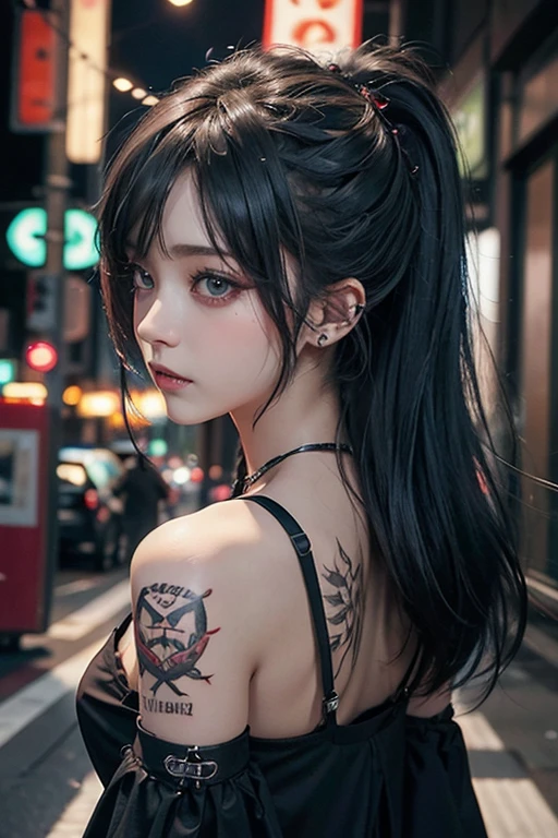 top-quality、8K、masterpiece:1.3、Gothic punk、Red inner color、A grey dark-haired、hair adornments、a beauty girl、creative、punk shirt、Neogos、Goth Fashion:1.2、high resolution、masterpiece、top-quality、headw:1.3、((Hasselblad photo))、Fine-grained skin、Sharp Focus、(lighting like a movie)、walking Tokyo night under the neon the back, forehead open, 19 years old、Brush your hair back、Shoulder Bare、Red tattoo on the décolletage