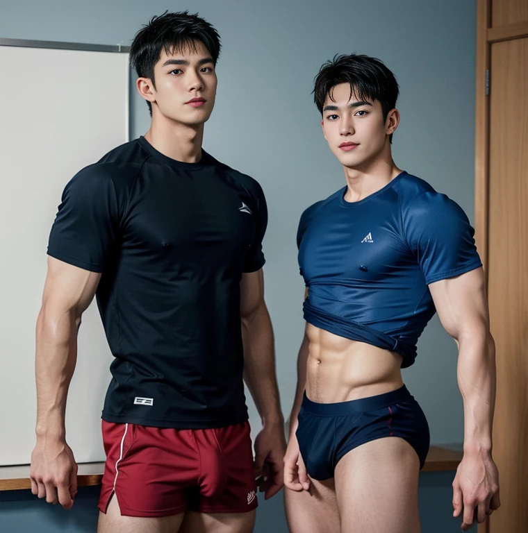 1 handsome Japanese guy, manly，super realistic, tall, 20 years old，strong sport body, sexy pose, detailed muscles, Who is Shi Yu?, Li Yuanbin, Kim Hyung Tae, Kim Hyung Tae,,Kim Hyung Tae, Yin Shishan,  man wearing a open blue shirt and shorts, naked chest, big chest abs, navy blue, navy blue, Sports T-shirt, blue, super tiny sportswear, loincloth, Gorgeous dark blue clothes,, short sleeves, red brocade dark blue clothes, Tennis wear, Wearing transparent sportswear, big bulge, nice bulge shape,big juicy butts,  bare butts, Dark blue decorative clothing，male，male，Highest resolution，Muscles look good，hairy body，Wheat complexion，blue eyes（thin eyes 1：3），whole body image, class room background, full  detailed background, beautyfull clear light, look at the viewer , catching eyes, smirt smile, 