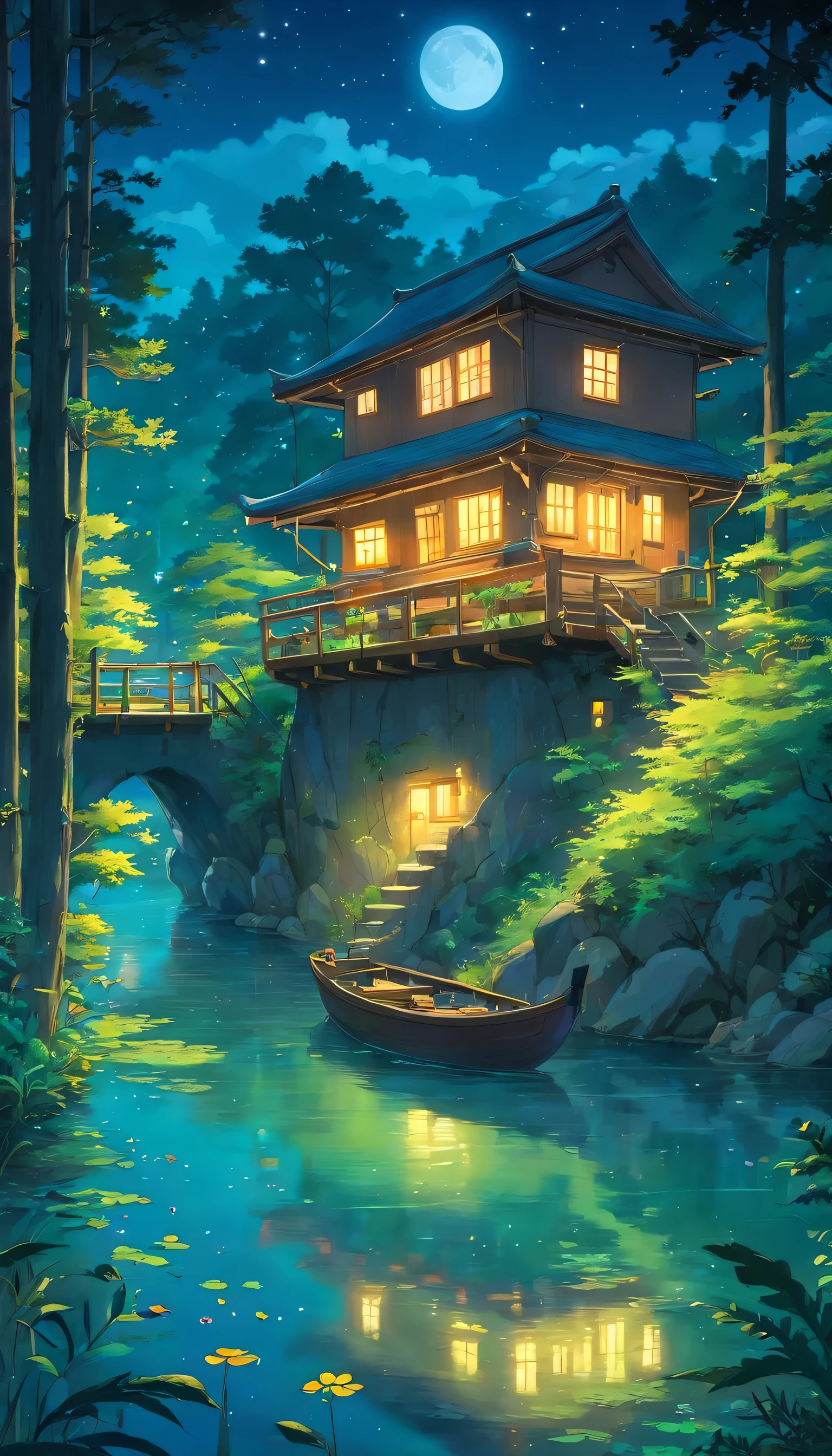 forest scenery, nature, animes, no humans, night, fireflies, rivers, sky, pond, boat, house