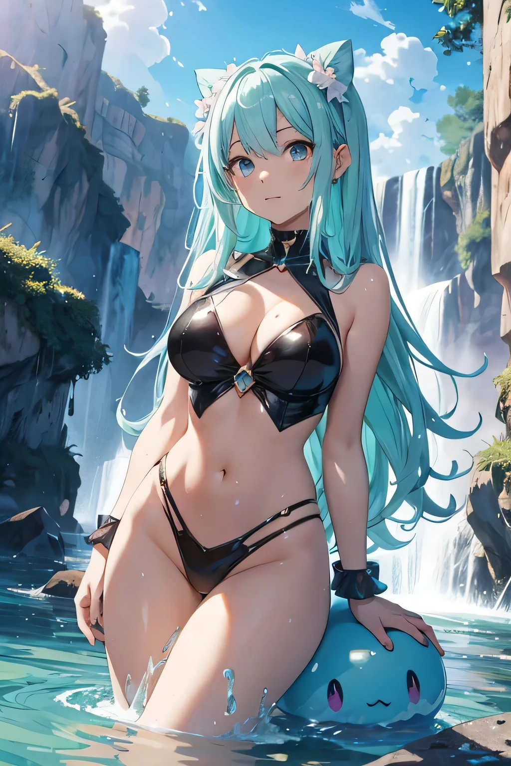 animé slime girl translucent avec le corps entier fait d'eau, la femme est faite d'eau translucide, beautiful scène, allongée sur les cailloux, anime slime m girl near a big waterfall, waterfalls, beautiful sun goes down, beautiful river and moutains in the background, germe d&#39;extremely detailed art, seductive anime girl, les gars, chez pixiv, best rated on pixiv, gamme murata et artgerm, Pixiv 3DCG, reflets sur l eau de l animé girl, populaire sur pixiv, Tendances sur ArtStation pixiv, pixiv, slime girl (porforever), slime, slime girl