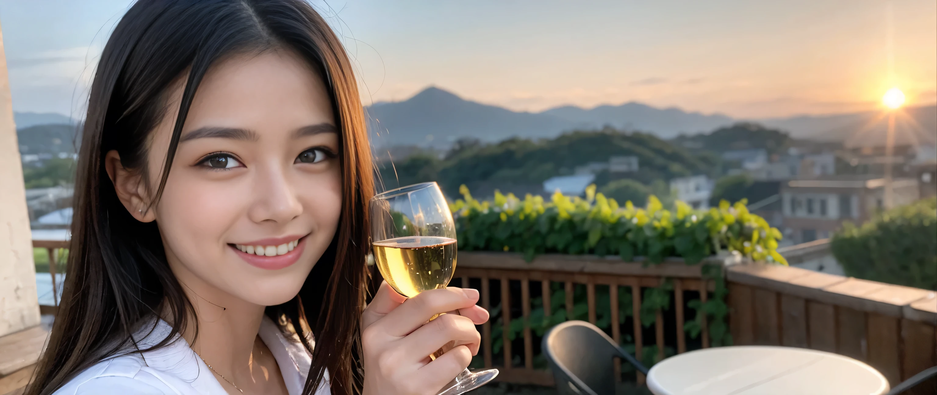 ((highest quality、8k、masterpiece:1.3))、Beautiful woman perfect body:1.4、2 women、Slim body、((Bob Hale、Straight hair:1.2))、 Ultra-high resolution, Bright image、2. The beauty of wine, Beautiful Face, blue eyes, Beautiful Eyes, The light shines on your face, Blushing your nose, short hair,Amazing view of the sunset sky and clouds、Amazing mountain views、A bright smile、A lovely woman with a smile、Bright Face、Fox face、Lady、Champagne、Wine bottle、wine glass、red wine 、Appetizers、Italian food、Two beauties、Brown Hair、Shortcuts、Long sleeve shirt、Winter Fashion、dress、Wine bottle、sparkling wine、Pretty Woman 1, (Slim face), (Brown Hair), (Shortcuts), cheeks turn a little red, (36 years old), 39 years old, Attractive beauty、restaurant, Nova Frog Style, actress, model, Upper Body, White wine, slim, wine glass, A wine glass placed in the middle, smile, (smile: 1.15), Beautiful Eyes, Strong light and shadow,Moist Body:1.5、Delicate eyes、Brown Hair、The hair is very shiny、