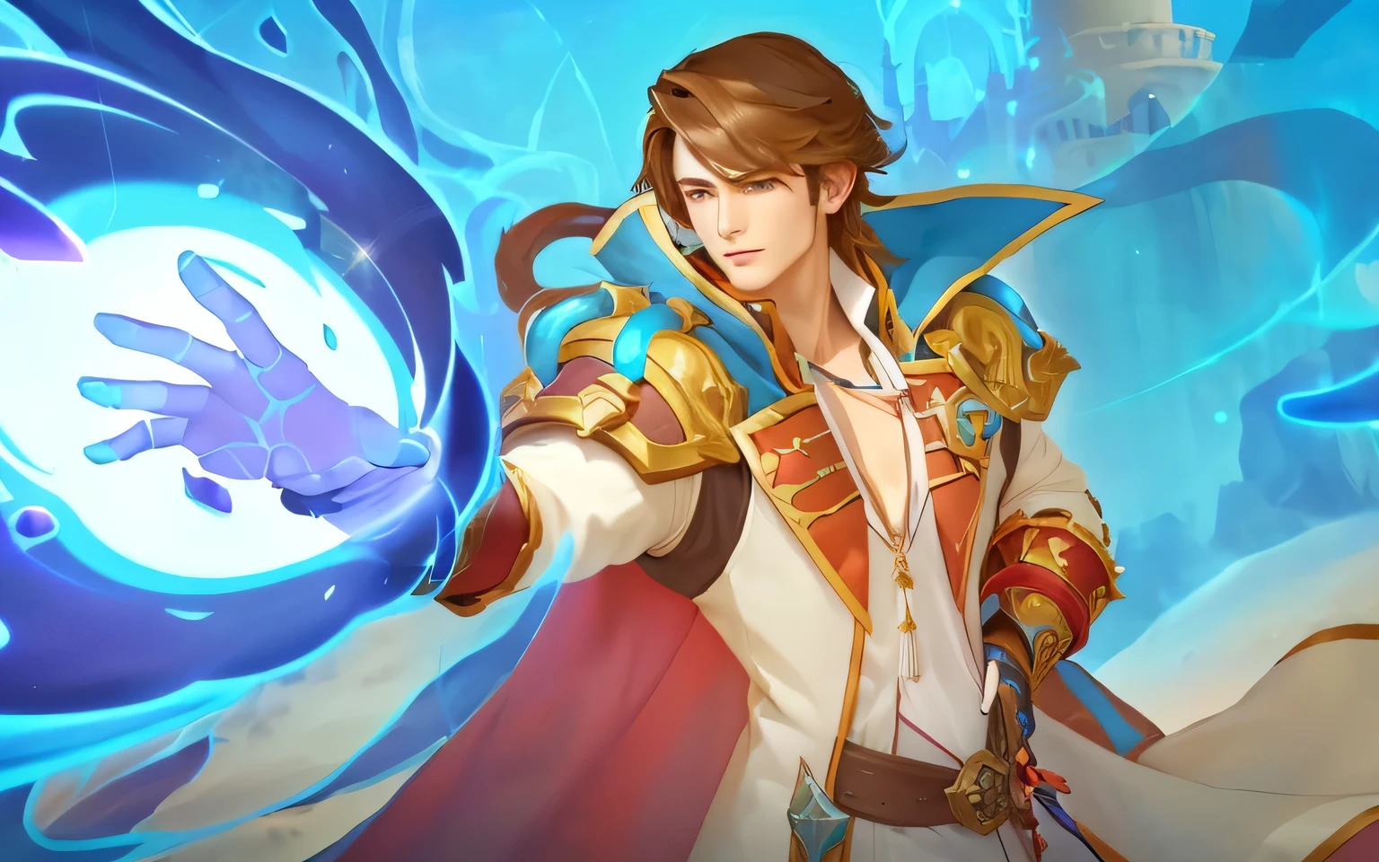 Realistic a man holding a ball with a hand, mobile legends character, Xavier from mobile legends, picture of a male cleric, style of duelyst, granblue fantasy, desert fighter ancient mage, skinny male fantasy alchemist, arcane art style, skinny male mage, With blue eyes