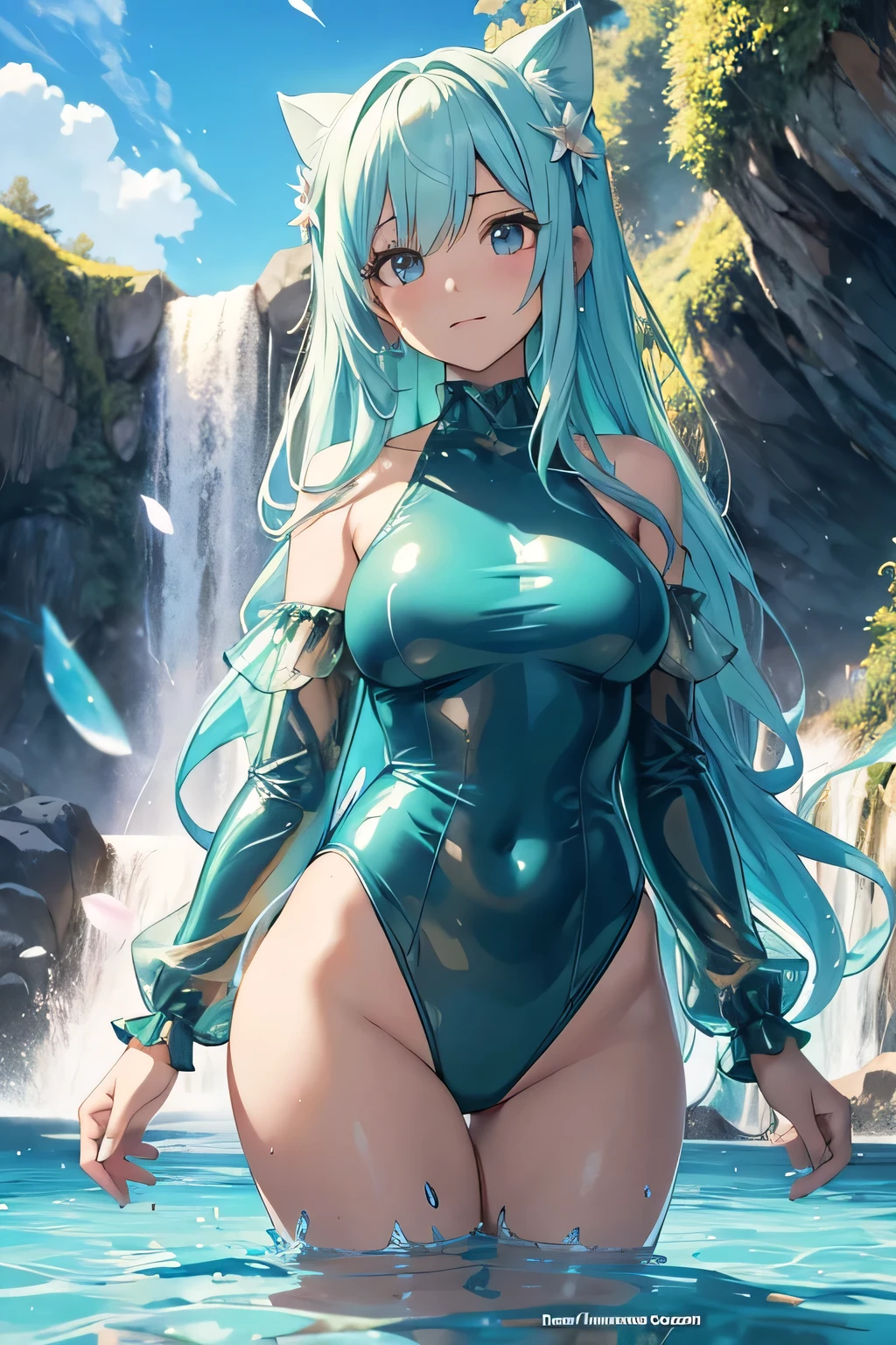 animé slime girl translucent avec le corps entier fait d'eau, transluscent clothes, la femme est faite d'eau translucide, beautiful scène, la femme est allongée sur les cailloux, anime slime girl near a big waterfall, waterfalls, beautiful sun goes down, beautiful river and moutains in the background, germe d&#39;extremely detailed art, seductive anime girl, les gars, chez pixiv, best rated on pixiv, gamme murata et artgerm, Pixiv 3DCG, reflets sur l eau de l animé girl, populaire sur pixiv, Tendances sur ArtStation pixiv, pixiv, slime girl (porforever), slime, slime girl