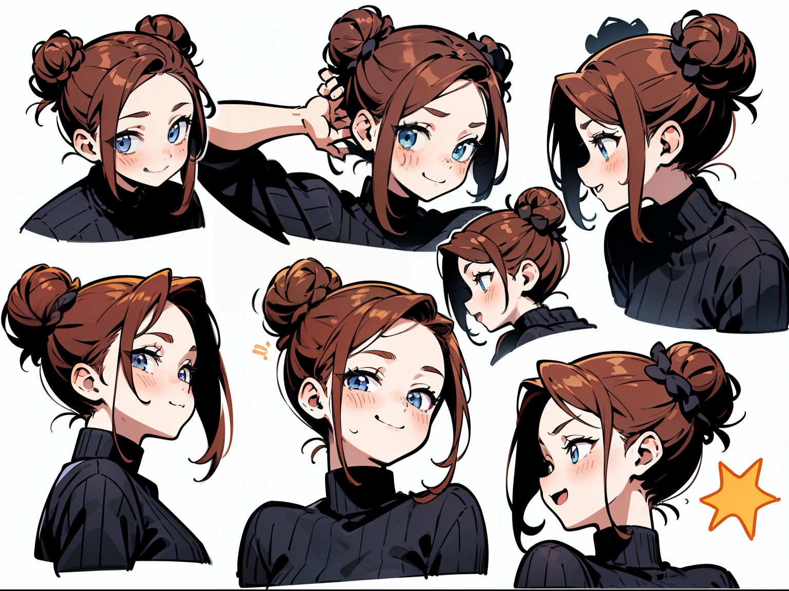 21 year old, redhead girl, armpit lenght hair (((happy face, flirty face, excited face, aroused face))) jeans and tight top, ((bun hairstyle)) (((detailed character sheet, frontal view, side view, three quarter view))) (((white background)))