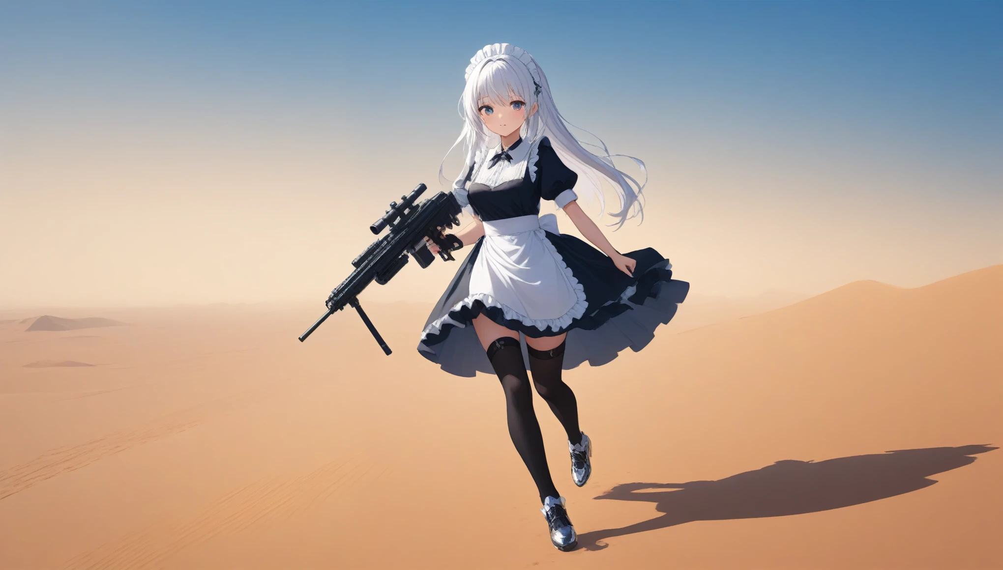 anime style, maid outfit, long straight white hair, black silk stockings, transparent crystal shoes, beautiful girl, cute, short skirt, holding a Gatling gun, walking in a desert, detailed eyes and face, vibrant colors, high-quality illustration, dynamic pose, detailed desert background, dramatic lighting