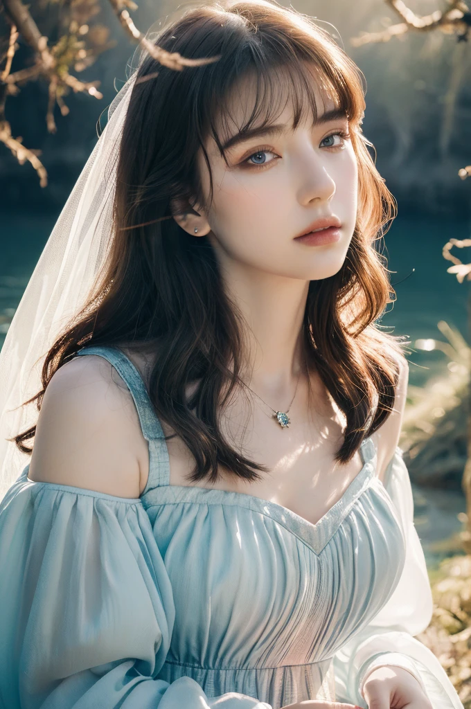 ( masterpiece, top quality, best quality,8k, girl,ultra detailed,raw photo:1.5),(photorealistic:1.4),(cinematic lighting), PerfectNwsjMajic, , Surrealism, UHD, ccurate, Super detail, textured skin, High detail, Best quality, dynamic angle, (high nose,White skin),[Beautiful blue eyes],[flat chest:large breasts:0.5],(1girl),(good anatomy:0.5)), of a woman in a dress with a Magic , ((a beautiful fantasy empress)), beautiful fantasy maiden, Dreamy atmosphere,mystical ambiance, Artistic interpretation,a whimsical illustration, Subtle colors and tones, mystical aura,portrait, bangs pinned back, sunshine, River , portrait