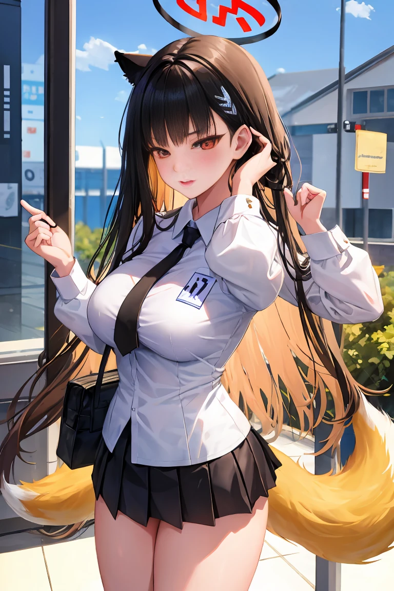 Female high school student，黑White的水手服，Black miniskirt，White，sideways，Fox Tail，Fox ears，Black，Side Braid，Headdress，Halo，Hands together，pray，sideways对观众