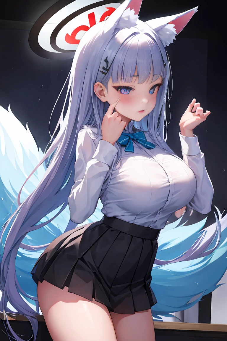 Female high school student,黑White的水手服,Black miniskirt,White,sideways,Fox Tail,Fox ears,Black,Side Braid,Headdress,Halo,Hands together,pray,sideways对观众
