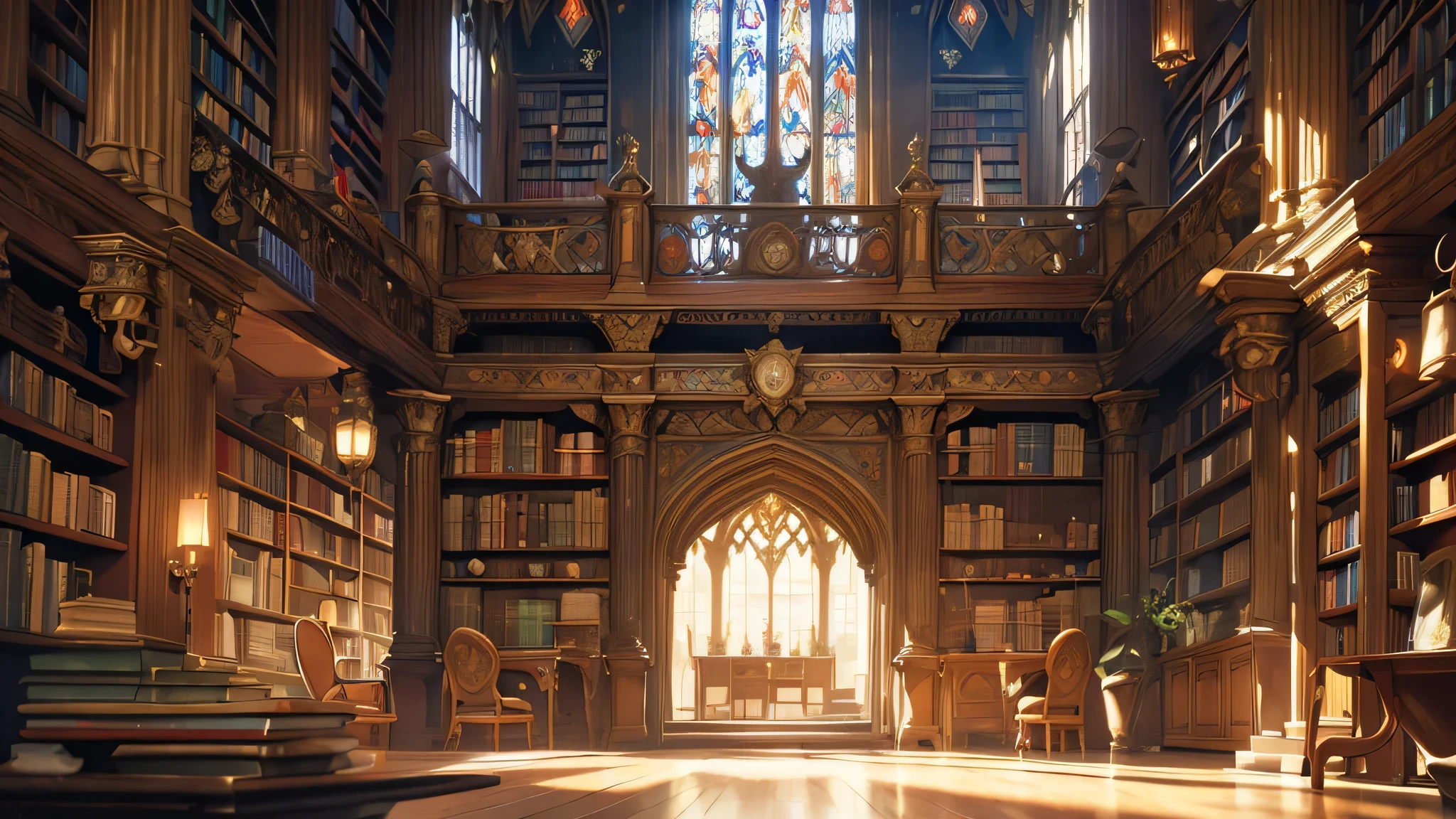 (best quality,4k,8k,highres,masterpiece:1.2),ultra-detailed,(realistic,photorealistic,photo-realistic:1.37),large library full of ancient books and parchments,medieval fantasy theme library,old wooden bookshelves with intricate carvings,rows of leather-bound tomes with faded gold lettering,stacks of weathered scrolls tied with aged ribbons,dusty beams of sunlight streaming through stained glass windows,suspended chandeliers casting a warm glow on the shelves,secret doors hidden behind bookcases,whispers of forgotten knowledge echoing in the air,ornate wooden ladders reaching up to the highest shelves,curved reading nooks with velvet cushions and dim reading lights,mystical artifacts displayed on pedestals throughout the library,hidden alcoves filled with rare manuscripts and illuminated texts,hushed footsteps of scholars exploring the vast collection,magical creatures roaming the aisles, from wise owls to mischievous fairies,an enchanted atmosphere of wonder and discovery,vibrant colors painted on the ceiling depicting mythical scenes,tapestries adorning the walls, depicting epic battles and ancient legends,intricate stained glass windows depicting ancient spells and enchantments,dwarfed by towering bookcases, visitors immersed in knowledge and imagination,a haven for book lovers and dreamers alike.