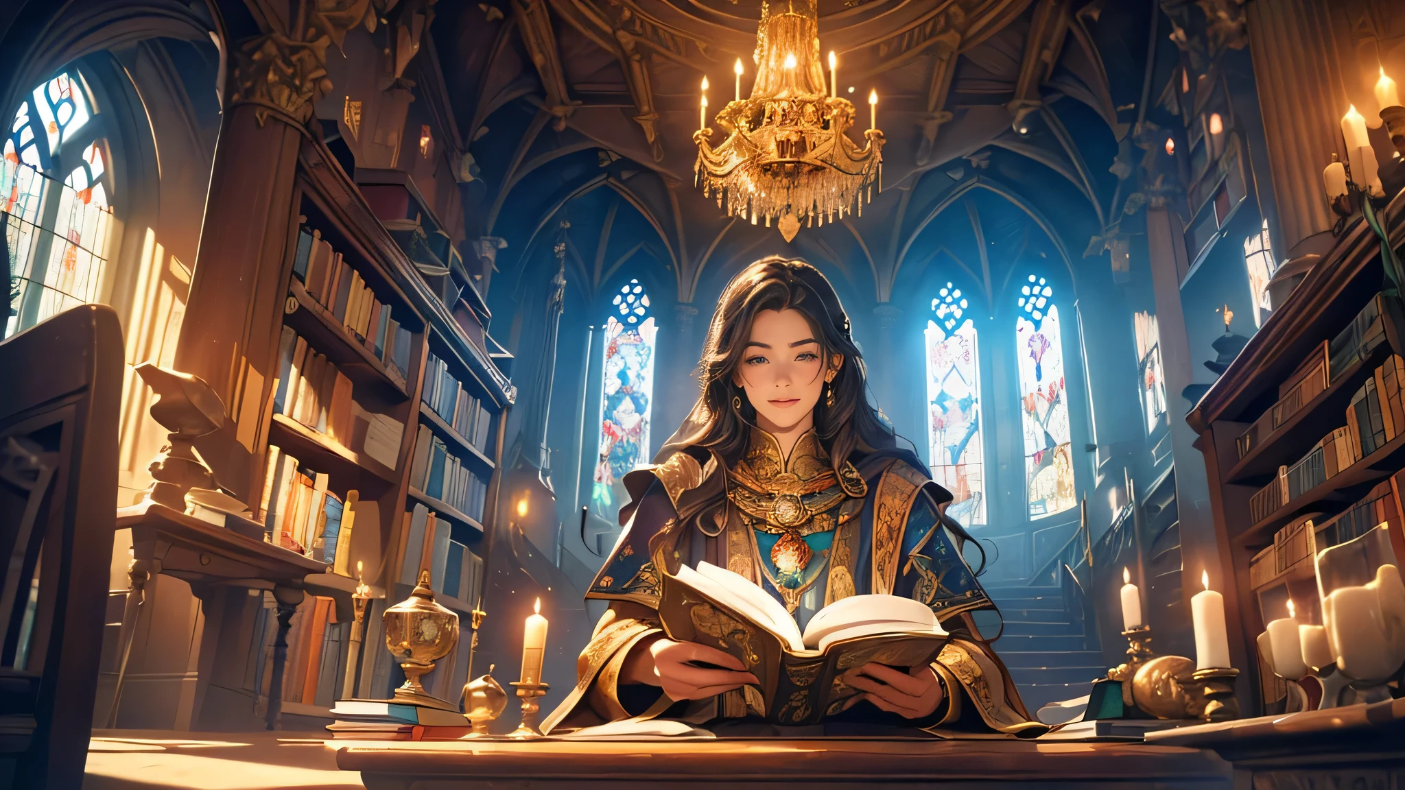 (best quality,4k,8k,highres,masterpiece:1.2),ultra-detailed,(realistic,photorealistic,photo-realistic:1.37),large library full of ancient books and parchments,medieval fantasy theme library,old wooden bookshelves with intricate carvings,rows of leather-bound tomes with faded gold lettering,stacks of weathered scrolls tied with aged ribbons,dusty beams of sunlight streaming through stained glass windows,suspended chandeliers casting a warm glow on the shelves,secret doors hidden behind bookcases,whispers of forgotten knowledge echoing in the air,ornate wooden ladders reaching up to the highest shelves,curved reading nooks with velvet cushions and dim reading lights,mystical artifacts displayed on pedestals throughout the library,hidden alcoves filled with rare manuscripts and illuminated texts,hushed footsteps of scholars exploring the vast collection,magical creatures roaming the aisles, from wise owls to mischievous fairies,an enchanted atmosphere of wonder and discovery,vibrant colors painted on the ceiling depicting mythical scenes,tapestries adorning the walls, depicting epic battles and ancient legends,intricate stained glass windows depicting ancient spells and enchantments,dwarfed by towering bookcases, visitors immersed in knowledge and imagination,a haven for book lovers and dreamers alike.