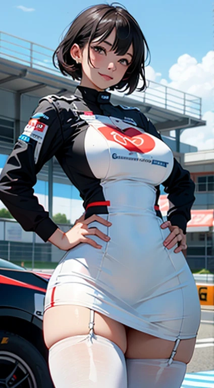 1girl huge large breasts,、((top-quality)), ((masterpiece)), 、A smile、 Pitch Resuit、Colossal 、Puffy nipple、 knee high、Naughty face、 knee high white、Adult Woman、(cum in vaginas:1.3)、cum in mouth、( G-string to overflow:1.5)、 Sobbing tears、、 short-cut、see through White One Piece Checkered Mini Skirt、dress lift、l、Race Queen、A slender、 , masterpaintings, best qualtiy, Photorealsitic, ultra-detailliert, (shiny skins, perspired:1.4), Look at the big crowd, With short black hair, Brown-eyed,slender,dynamic light and shadow,hight resolution,Sharp Focus,depth of view,The eyes are delicate,Sharp pupils,pupil realistic,(Colossal tits),、A slender、(thick thight),outside of house,Skysky、、grid girl, underboob, wet_clothes, Wearing a grid_girl outfit with sponsor's logo printed, (standing in a motorsport racing)+,, left hand on waist