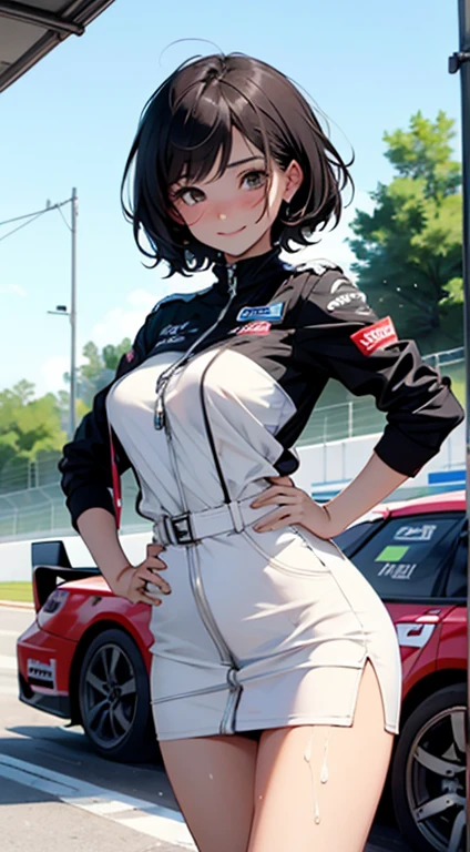 1girl huge large breasts,、((top-quality)), ((​masterpiece)), 、A smile、 Pitch Resuit、Colossal 、Puffy nipple、 knee high、Naughty face、 knee high　white、Adult Woman、(cum in vaginas:1.3)、cum in mouth、( G-string to overflow:1.5)、 Sobbing tears、、 short-cut、see through　White One Piece Checkered Mini Skirt、dress lift、l、Race Queen、A slender、 , masterpaintings, best qualtiy, Photorealsitic, ultra-detailliert, (shiny skins, perspired:1.4), Look at the big crowd, With short black hair, Brown-eyed,slender,dynamic light and shadow,hight resolution,Sharp Focus,depth of view,The eyes are delicate,Sharp pupils,pupil realistic,(Colossal tits),、A slender、(thick thight),outside of house,Skysky、、grid girl, underboob, wet_clothes, Wearing a grid_girl outfit with sponsor's logo printed, (standing in a motorsport racing)+,, left hand on waist