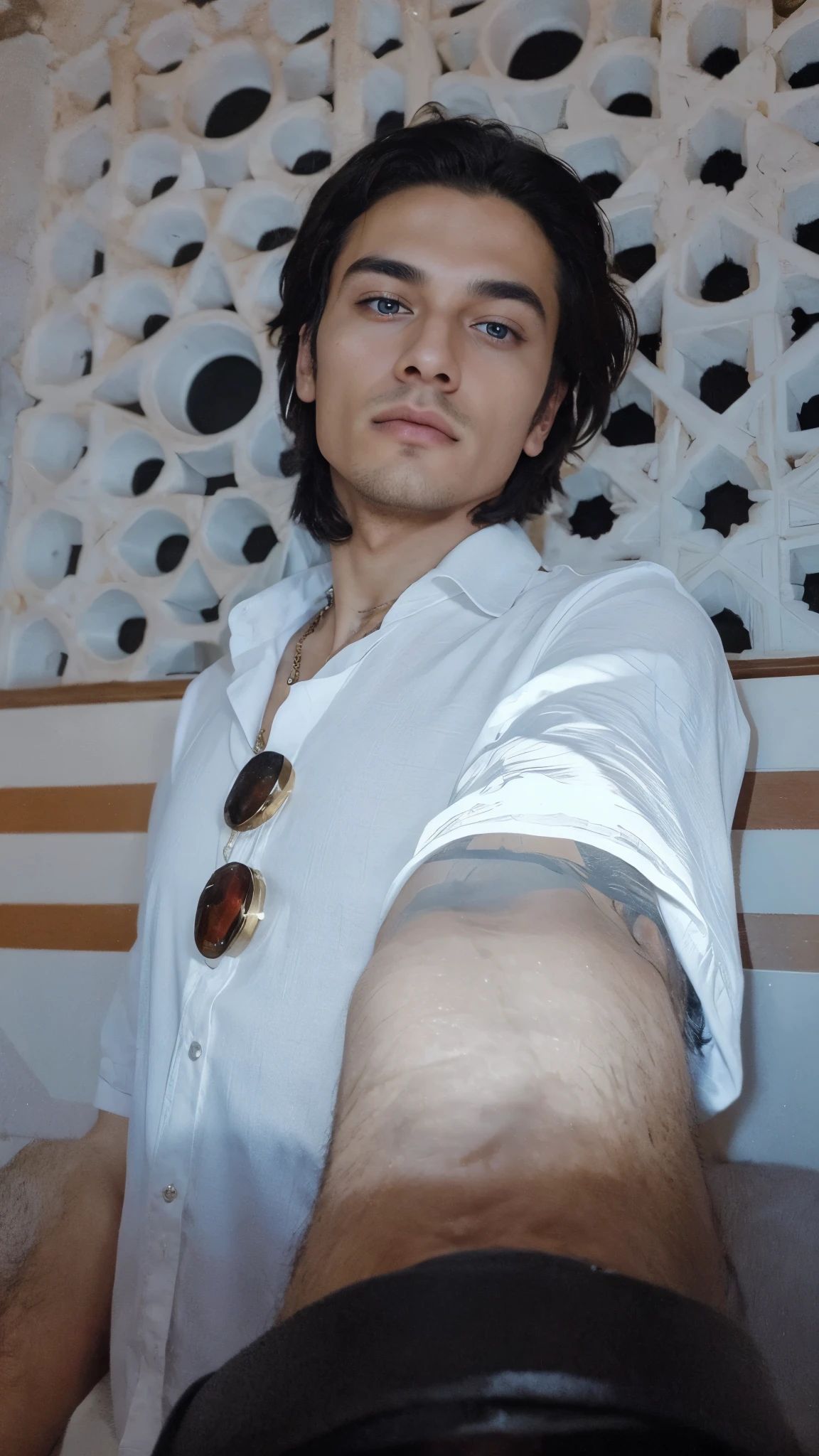 Make his face very perfect and attractive in an unusual way, while preserving his features and wearing luxurious jewelry, but do not exaggerate