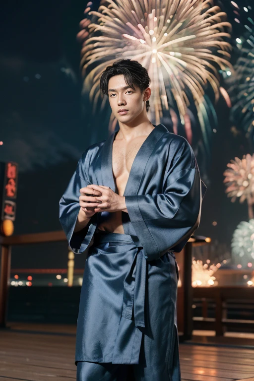 top-quality、​masterpiece、超A high resolution、(realisitic:1.4)、Detailed face、solo、１human male、Dark hair、glistning skin、dense skin、(asian human)、architectural、(absurderes、hight resolution、ultra-detailliert)、、1 male、Adultan's, 23 years old)、a handsome、tall muscular man、broad shoulder、extra very short hair、angular jaws、thick neck、thick eyebrow、extra very short hair、A dark-haired、fine eyes and detailed face、 Highly detailed CG Unity 8K wallpapers、intricate-detail、(Style Swirl Magic:0.7)、looking at the spectator、solo、(full body Esbian:0.6)、Detailed background、A detailed face、dynamicposes、、Urban background、dynamic compositions、 big muscle、、((((Crotch bulge))))、a handsome、 ((masutepiece:1.4, Best Quality)), ((masutepiece, Best Quality)), (photographrealistic:1.4)、(((Fireworks Festival)))、sports wear、 Pubic hair, Open legs, ,  Abs, ((Erection 1.2)), (Moccoli: 1.4),  Sweating, (He is wet, Wet 1.2),, (Slipping thin underwear, Wet and beautiful 1.4)), Blood vessels in the arm、、Chinese Bishonen、(Stroll through the city of fireworks displays:1.2), food stand, (Dark blue silk yukata:1.3),   Smile, red blush,（the perfect body：1.1）、（shorth hair：1.2）、FULL BODYSHOT,（Very elaborate CG 8K wallpapers）、（extremely delicate and beautiful）、（​masterpiece）、（top-quality）:1.0)、(超A high resolution:1.0)、[hight resolution]、detailed skins、ultra-detailliert ((colourfull)), male people、Japan men、Vermilion band