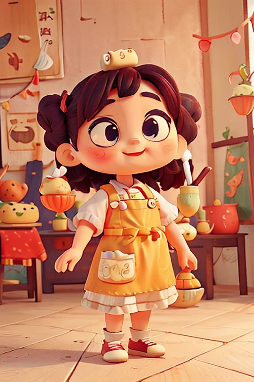 Wearing an apron, dumplings with human hands and feet, IP, cute, Q-version, big eyes, happy, holding a spatula