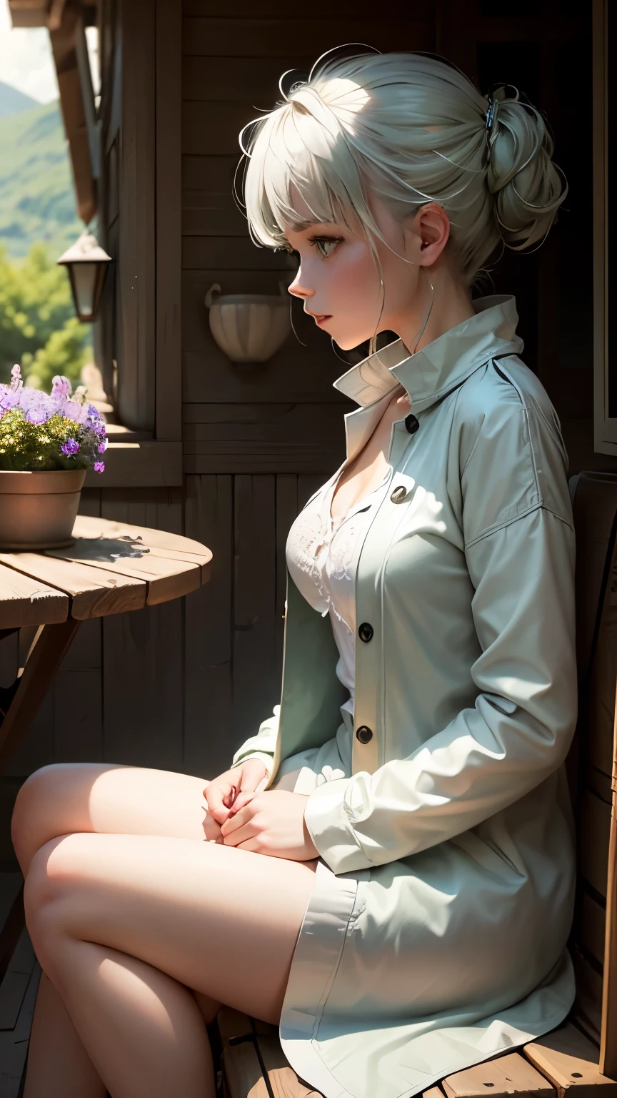 masterpiece, highest quality,Very detailed,Hyper Details, cinematic Light,, One girl, alone, sit, Outdoor, Summer House, sitting in the Summer House, plant, table, chandelier, Candles, Wind, Green Eyes, Pan Green Silver Hair, short hair, Floating Hair, Light, Light frown, profile,View your viewers, dynamic_angle,The see-through happi coat is unbuttoned