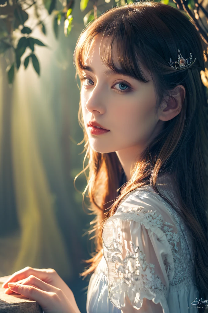 ( masterpiece, top quality, best quality,8k, girl,ultra detailed,raw photo:1.5),(photorealistic:1.4),(cinematic lighting), PerfectNwsjMajic, , Surrealism, UHD, ccurate, Super detail, textured skin, High detail, Best quality, dynamic angle, (high nose,White skin),[Beautiful blue eyes],[flat chest:large breasts:0.5],(1girl),(good anatomy:0.5)), of a woman in a dress with a Magic , ((a beautiful fantasy empress)), beautiful fantasy maiden, Dreamy atmosphere,mystical ambiance, Artistic interpretation,a whimsical illustration, Subtle colors and tones, mystical aura,portrait, bangs pinned back, sunshine, River , portrait