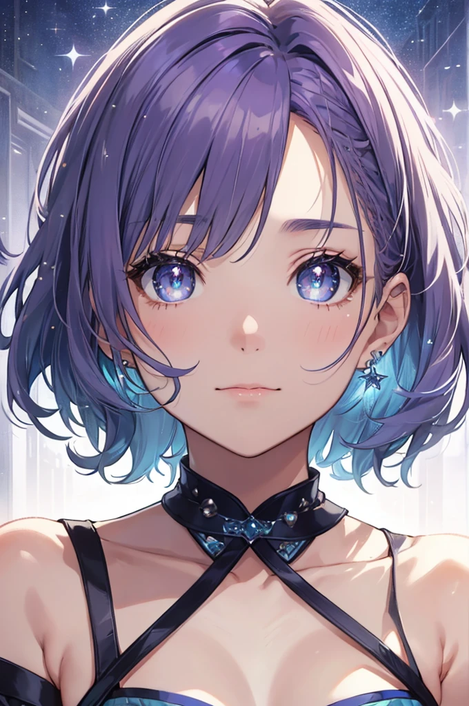 masterpiece, top-quality, illustratio, Saxophone Blue, Platinum Earrings, Platinum Necklace, white dres, 1girl, cute little, (Dynamic lighting:1.2), lighting like a movie, delicated facial features, A detailed eye, Sharp pupils, Realistic pupils, depth of fields, bokeh dof, sharp focus, (ultra-detailliert, Bloom, Glow:1.4), Many Small Gems, looking at the viewers、happiness、Toru Asakura、blue hairs、earrings、gradation hair、multi color hair、Parted bangs、Purple hair、The upper part of the body、Extreme close-up view、HDR、UHD、8K、Glowing eyes, starrysky、sparkling pupils, short cut hair、