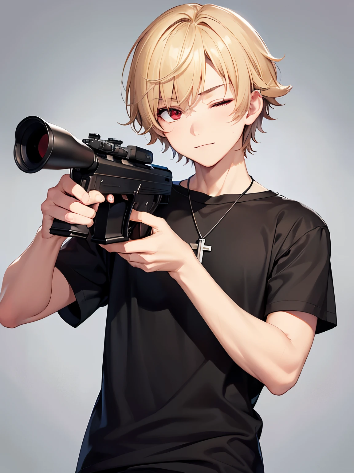 1boy,handsome,18 years old,holding sniper,slight smile,One eye closed, Holding a gun,aim to viewer,aim to viewer,,Perfect face, HD face, ultra detailed face, short hair, blonde hair, messy hair, bright red eyes red eyes,vampire, black t-shirt,black t-shirt,plain t-shirt,short sleeve t-shirt, black trousers, cross necklace,ultra detailed, ultra HD