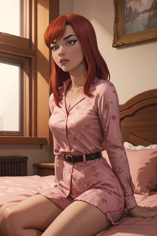 A woman in pink pajamas with a floral pattern is sitting on the bed.., Red-haired girl, beautiful red-haired woman, red-haired woman, young Red-haired girl, short bright red hair, red hair and attractive features, Anna Nikonova, aka newmilky, Red-haired girl, redhead, beautiful woman, posing in bed, redhead head, with short red hair, posing in the room