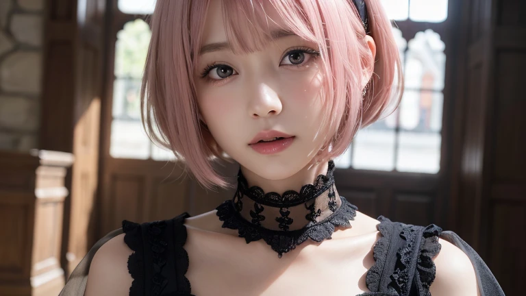 (Bob Cut Hair, Pink Hair:1.2),(Wearing black Gothic Lolita clothing:1.2),1 girl,Japanese,21 years old,(Small breasts:1.3),(highest quality,masterpiece:1.3,超A high resolution,),(Ultra-detailed,Caustics),(Photorealistic:1.4,RAW shooting,)Ultra-Realistic Capture,Very detailed,High resolution 16K human skin close-up。 Natural skin texture、,Pores、、It needs to be detailed enough to be easily identifiable。 Skin should be even-toned and healthy looking。 Use natural light and colour, Sad expression, Looking at the camera, Perfect dynamic composition, Inside the church