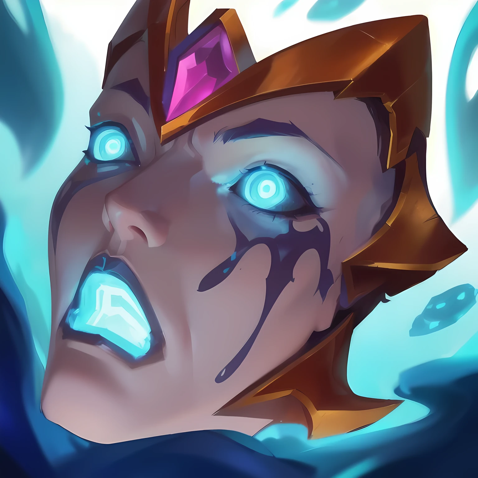 a close up of a face with glowing eyes and a blue background, arcane jayce, in hearthstone art style, painted in the style arcane, stylized portrait, official splash art, hero from dota 2, splash art, game icon stylized, stylized art, water demon, artifact dota2, fantasy hearthstone art style, an exhausted deity