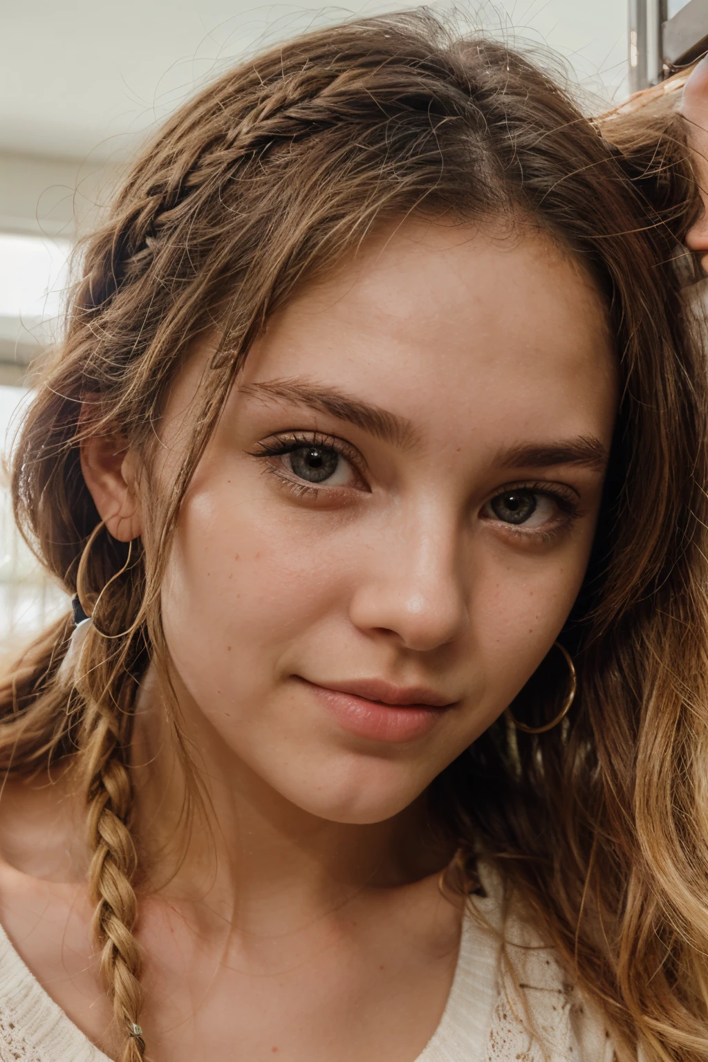 a 20 year old girl with blonde braided hair, in the public, selfie, portrait, locking directly in the camera, close up to the face, front view,