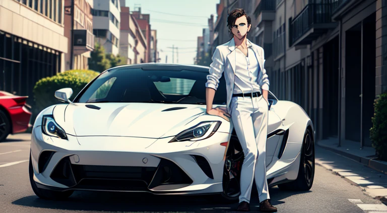masterpiece, highest quality, (1 person:1.3), Mature Men, Black suit, White shirt, Short brown hair, street, Delicate facial features, Iris, White skin, sports car