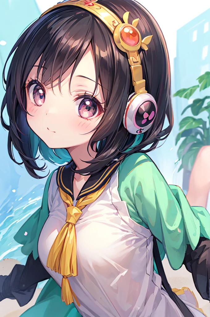 ((masutepiece)), ((Best Quality)), (Ultra-detailed), ((kawaii)), Cute, (lovely), Upper body, Focus on face0, Cute  s, 1girl in, Solo, Beautiful black hair, Beautiful black eyes, (Big eyes),((Beautiful eyes)), head phone, lightsmile