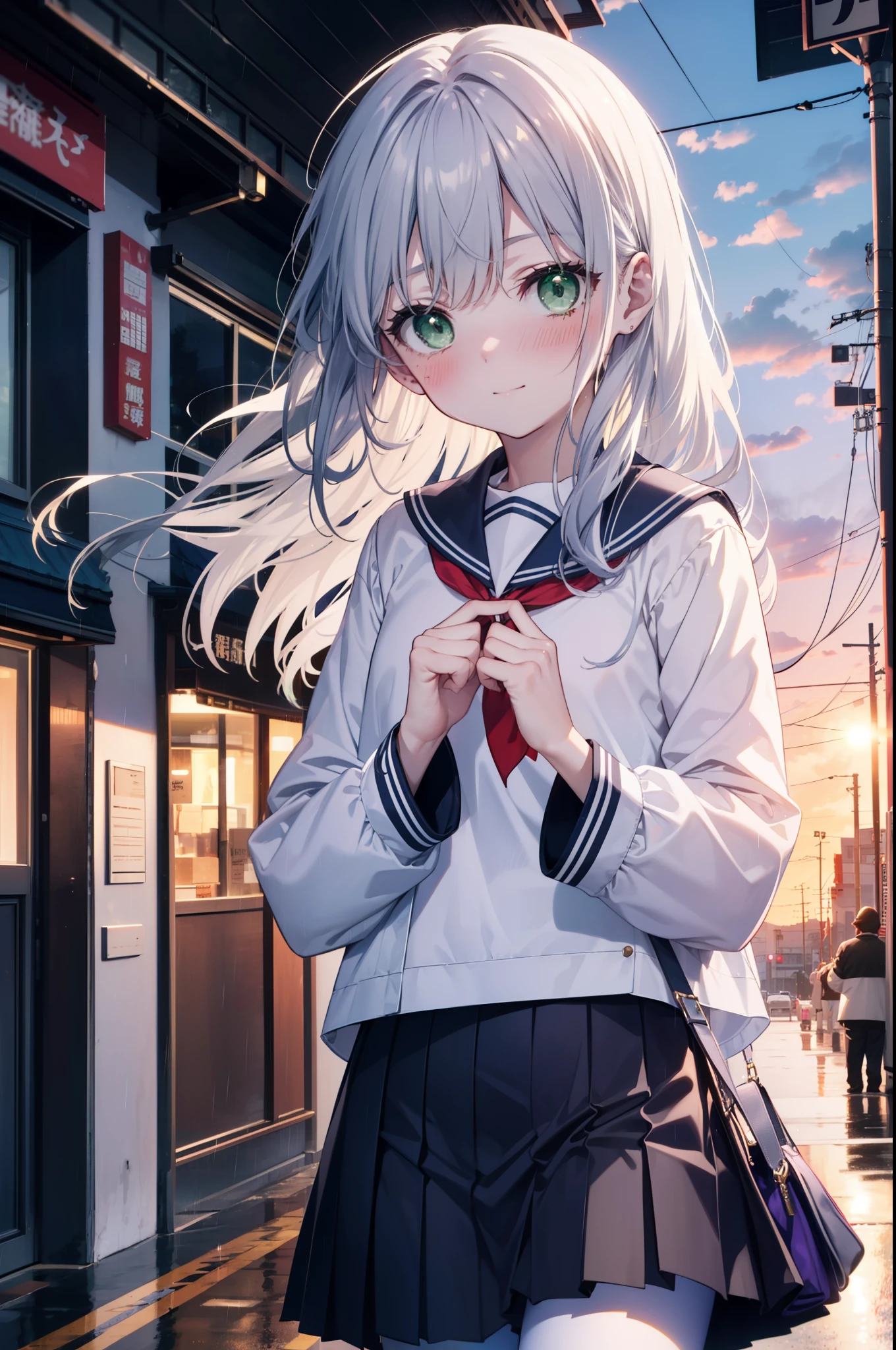 index, index, (Green Eyes:1.5), Silver Hair, Long Hair, (Flat Chest:1.2),smile,blush,Embarrassing,Upper Eyes, uniform(Purple sailor suit),Purple pleated skirt,White pantyhose,Brown Loafers,rain,cloudy,彼女は透明なumbrellaを持ち,umbrella,umbrellaのグリップを両手で掴んで持っている,evening,cloudy空,
break looking at viewer, Upper Body, whole body,(Cowboy Shot:1. 5)
break otdoors,In town,Building district,
break (masterpiece:1.2), highest quality, High resolution, unity 8k wallpaper, (figure:0.8), (Beautiful fine details:1.6), Highly detailed face, Perfect lighting, Highly detailed CG, (Perfect hands, Perfect Anatomy),