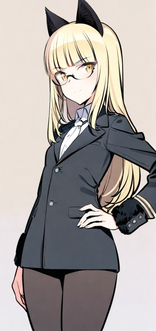 (8K, Best Quality, Ultra Detailliert, Highres, Absurdres, Perfect Anatomy:1.5, Masterpiece:1.5), (((Solo, 1 Cute Girl))), (((perrine h. clostermann, perrine clostermann))), (((Yellow Eyes))), (((Black Glasses))), (((Long Long Hair:1.2, Bangs, Blust Bangs, Blonde Hair))), (((Black Cat Ears, Black Cat Tail))), (Slender Body, Dwarf:0.7), (((Flat Chest or Small Breasts:1.0 or Small Breasts:1.5))), ((Big Hips:1.1)), (Smile:0.8), (((Bikini))), (Full Body), ((Sexy Pose, Bewitching Pose)), ((Simple BackGround, White BackGround, Warm Colour BackGround)), (On All Fours:1.3), 