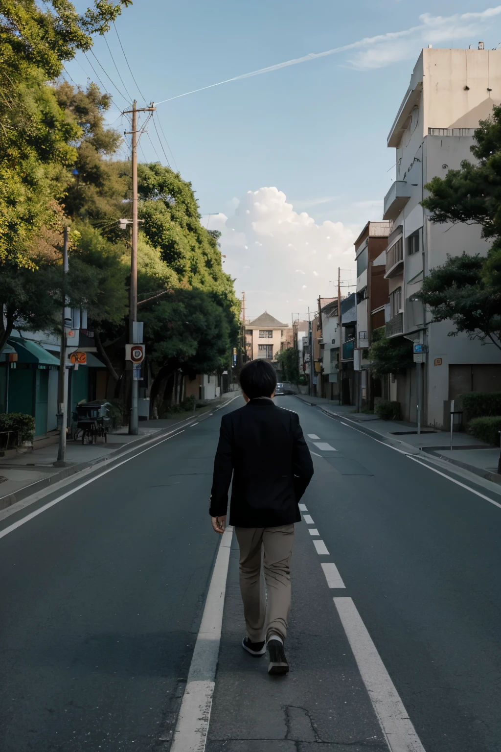Manga art, hi res, full length picture of a man walking away from camera down a road that leads towards the horizon. Horizon is full of most interesting world tourist landmarks, at least 5.