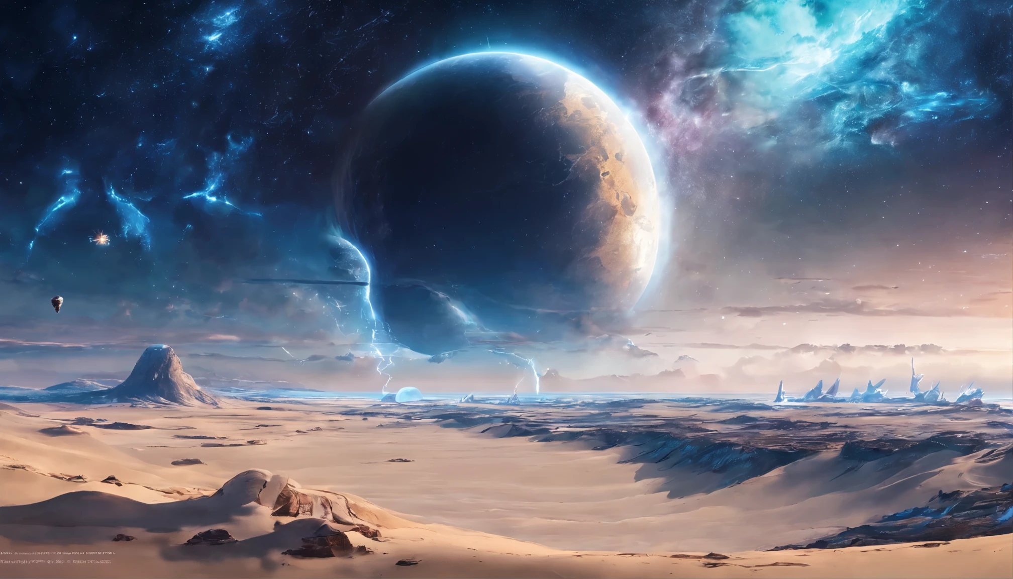 huge planet, the night, starry sky, surrealism, masterpiece, high resolution Impressive Milky Way:1.9、sand beach, Blue Sea, Blue glacier lightning bolt:1.9