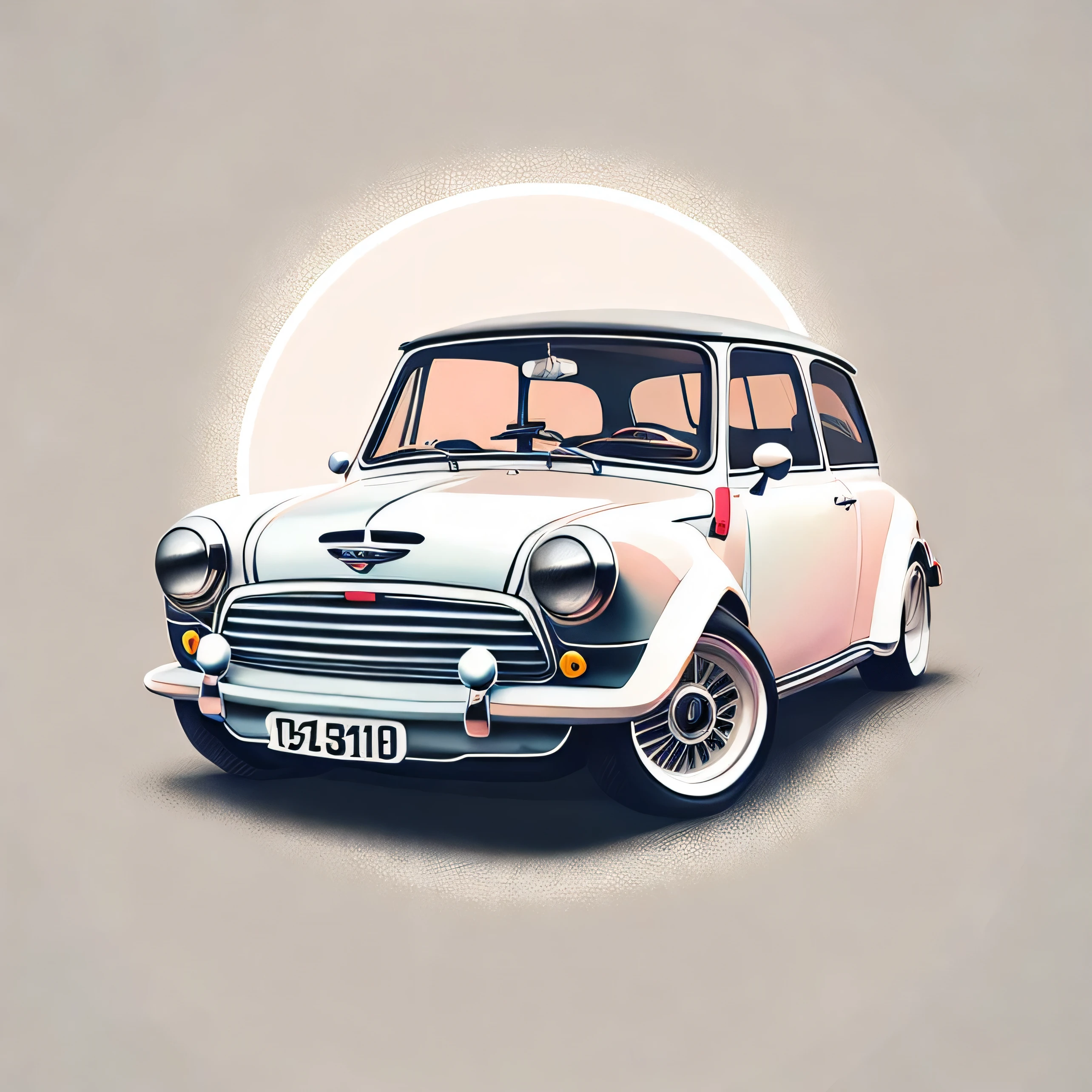 Artwork for t-shirt graphic design, a modern graphic design, classic Mini Cooper S , street, bold white colour, background in vintage pastel tone, highly detailed clean, vector image, realistic masterpiece, professional photography, realistic car, car sunrise background, flat black background, isometric, vibrant vector