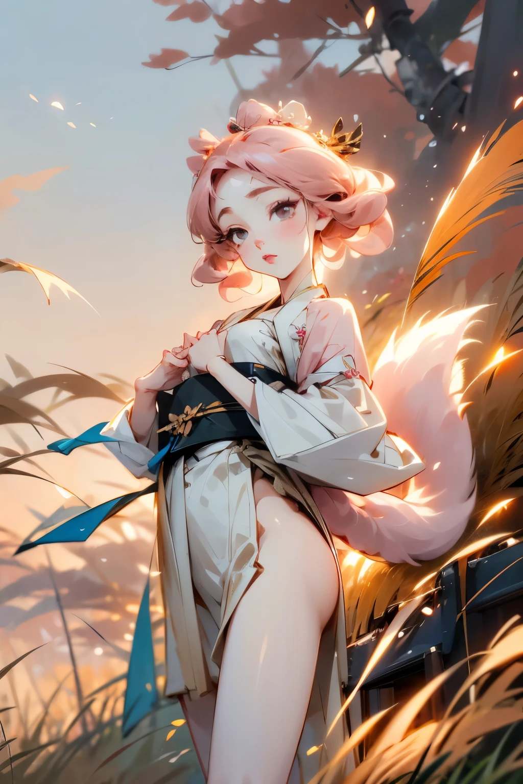 Fox human sister, Japanese dress with open chest, Western dress with short hem, wide eyes, detailed beautiful face, light pink lipstick, big bushy tail, beautiful thighs, masterpiece, super S high resolution , dynamic, many perennial pampas grasses sway