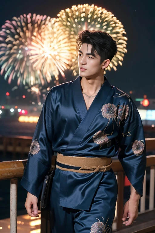top-quality、​masterpiece、超A high resolution、(realisitic:1.4)、Detailed face、solo、１human male、Dark hair、glistning skin、dense skin、(asian human)、architectural、(absurderes、hight resolution、ultra-detailliert)、、1 male、Adultan's, 23 years old)、a handsome、tall muscular man、broad shoulder、extra very short hair、angular jaws、thick neck、thick eyebrow、extra very short hair、A dark-haired、fine eyes and detailed face、 Highly detailed CG Unity 8K wallpapers、intricate-detail、(Style Swirl Magic:0.7)、looking at the spectator、solo、(full body Esbian:0.6)、Detailed background、A detailed face、dynamicposes、、Urban background、dynamic compositions、 big muscle、、((((Crotch bulge))))、a handsome、 ((masutepiece:1.4, Best Quality)), ((masutepiece, Best Quality)), (photographrealistic:1.4)、(((Fireworks Festival)))、sports wear、 Pubic hair, Open legs, ,  Abs, ((Erection 1.2)), (Moccoli: 1.4),  Sweating, (He is wet, Wet 1.2),, (Slipping thin underwear, Wet and beautiful 1.4)), Blood vessels in the arm、、Chinese Bishonen、(Stroll through the city of fireworks displays:1.2), food stand, (Dark blue silk yukata:1.3),   Smile, red blush,（the perfect body：1.1）、（shorth hair：1.2）、FULL BODYSHOT,（Very elaborate CG 8K wallpapers）、（extremely delicate and beautiful）、（​masterpiece）、（top-quality）:1.0)、(超A high resolution:1.0)、[hight resolution]、detailed skins、ultra-detailliert ((colourfull)), male people、Japan men、Vermilion band
