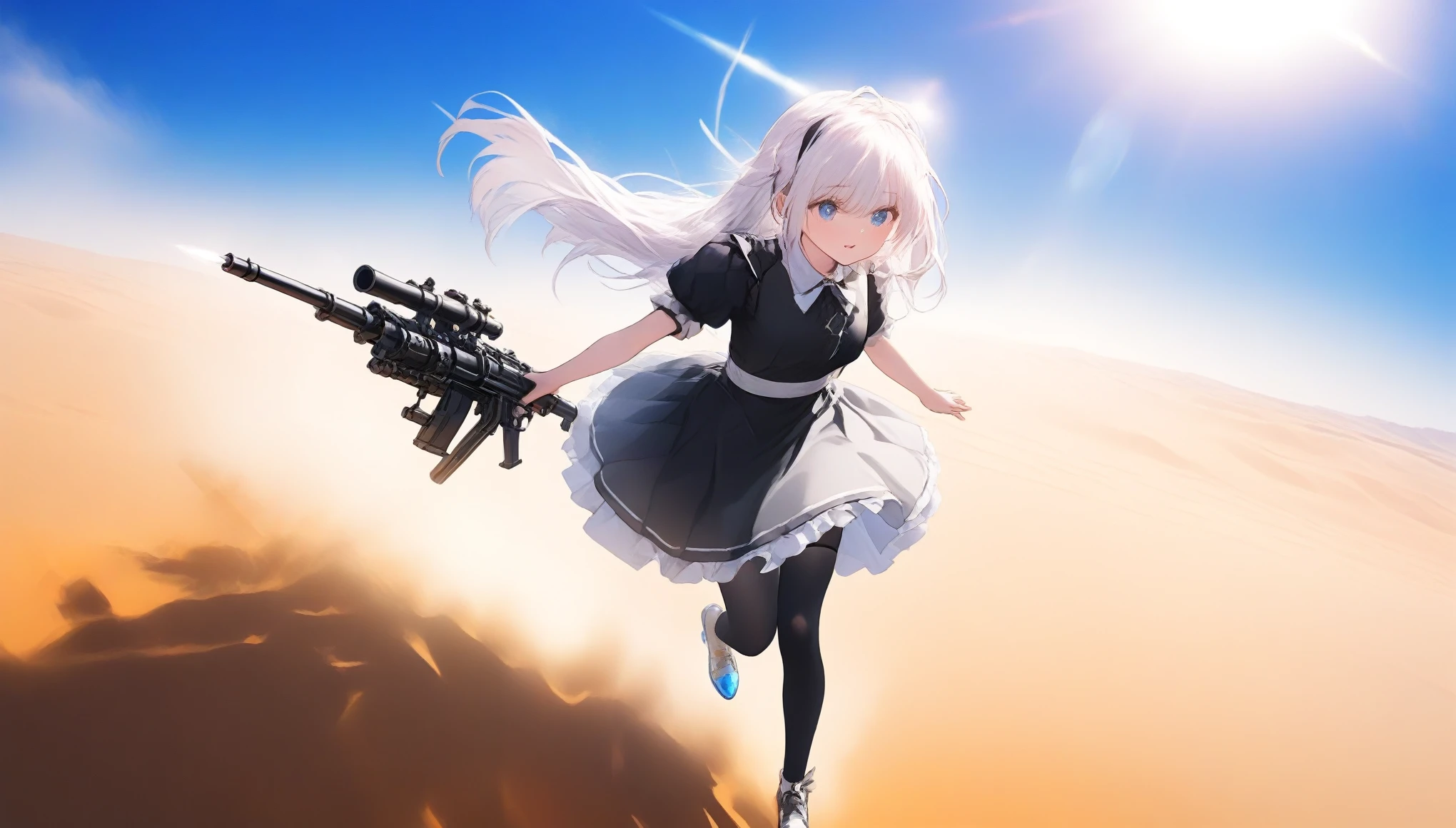 anime style, maid outfit, long straight white hair, black silk stockings, transparent crystal shoes, beautiful girl, cute, short skirt, holding a Gatling gun, walking in a desert, detailed eyes and face, vibrant colors, high-quality illustration, dynamic pose, detailed desert background, dramatic lighting