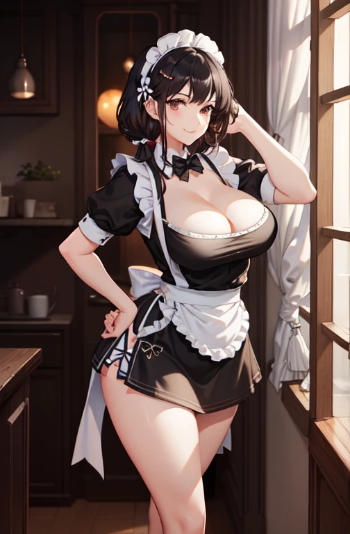 1 girl, Smile, skirt, (small) Chillism, skirt, apron,,,,,,、 maid,,,,,,,,、 Hair accessories, Come on,, Huge sexy breasts,Showing cleavage， Sexy big ass, Mature female, Sculptural figure, Sexy body,, Curvy body