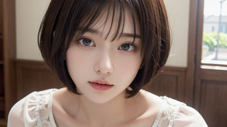 (Bob Cut Hair:1.2),(Wearing a blouse:1.2),1 girl,Japanese,28 years old,(Small breasts:1.3),(highest quality,masterpiece:1.3,超A high resolution,),(Ultra-detailed,Caustics),(Photorealistic:1.4,RAW shooting,)Ultra-Realistic Capture,Very detailed,High resolution 16K human skin close-up。 Natural skin texture、,Pores、、It needs to be detailed enough to be easily identifiable。 Skin should be even-toned and healthy looking。 Use natural light and colour, Sad expression, Looking at the camera, Perfect dynamic composition, Inside the church