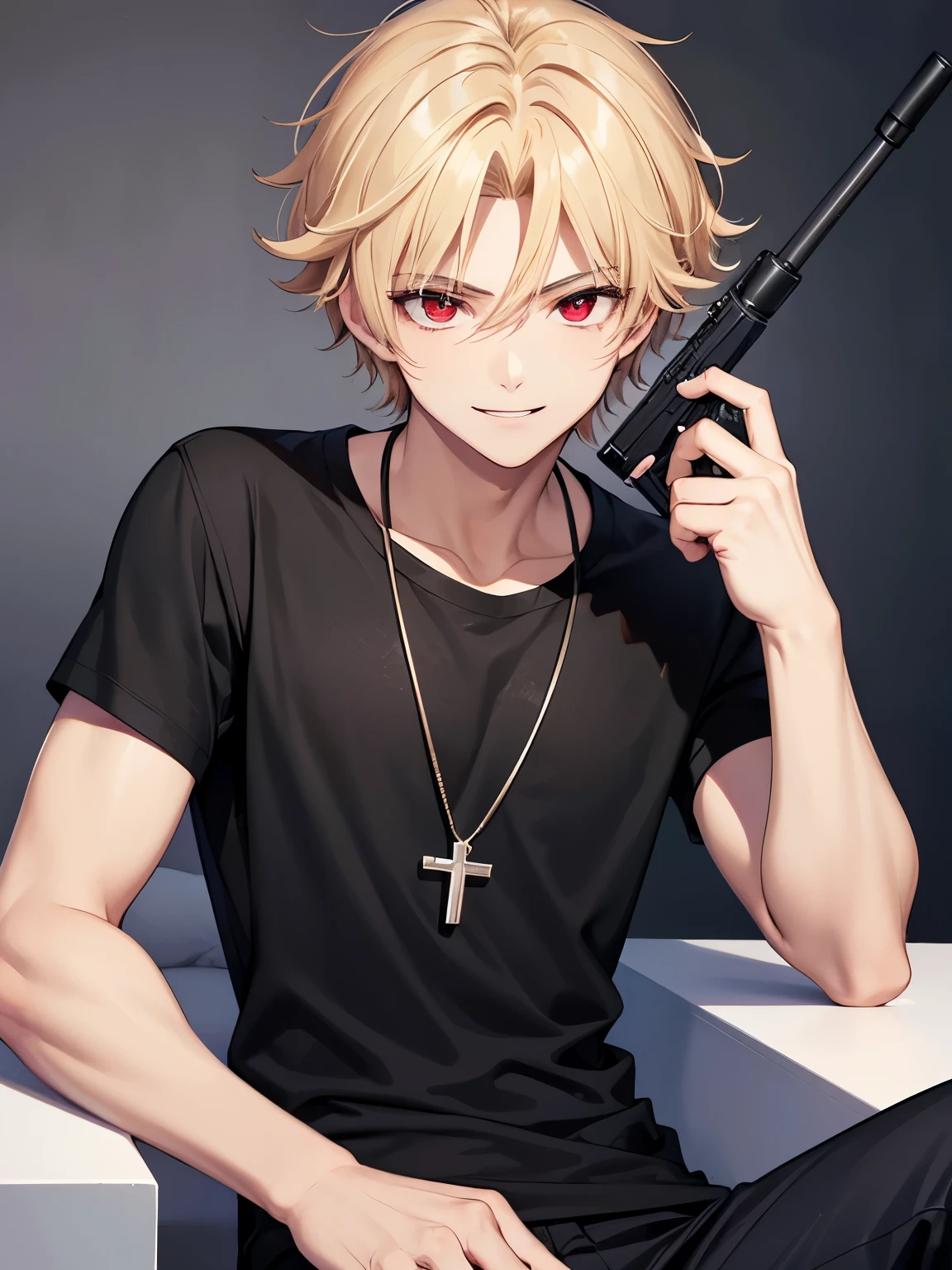 1boy,handsome,18 years old,holding sniper,sitting, smile, Holding a gun,aim to viewer,aim to viewer,,Perfect face, HD face, ultra detailed face, short hair, blonde hair, messy hair, bright red eyes red eyes,vampire, black t-shirt,black t-shirt,plain t-shirt,short sleeve t-shirt, black trousers, cross necklace,ultra detailed, ultra HD