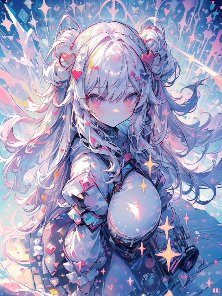 ((((masterpiece, best quality, ultra detail, very_high_resolution, large_filesize, full color)))), 1girl, white long hair, pink eyes, Wearing a fluffy white hooded outfit, heart-shaped pupils, (((from above))), (((Angle from above))), lens flare, Bokeh, sparkle, ((watercolor))