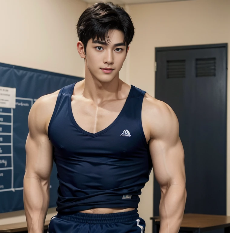 1 handsome Japanese guy, manly,super realistic, tall, 20 years old,strong sport body, sexy , detailed muscles, Who is Shi Yu?, Li Yuanbin, Kim Hyung Tae, Kim Hyung Tae,,Kim Hyung Tae, Yin Shishan, man wearing a open blue shirt and shorts, naked chest, big chest abs, navy blue, navy blue, Sports T-shirt, blue, super tiny sportswear, loincloth, Gorgeous dark blue clothes,, short sleeves, red brocade dark blue clothes, Tennis wear, Wearing transparent sportswear, big bulge, nice bulge shape,big juicy butts, bare butts, naked butts, open legs, Dark blue decorative clothing,male,male,Highest resolution,Muscles look good,hairy body,Wheat complexion,blue eyes(thin eyes 1:3),whole body image, class room background, full detailed background, beautyfull clear light, look at the viewer , catching eyes, smirt smile,