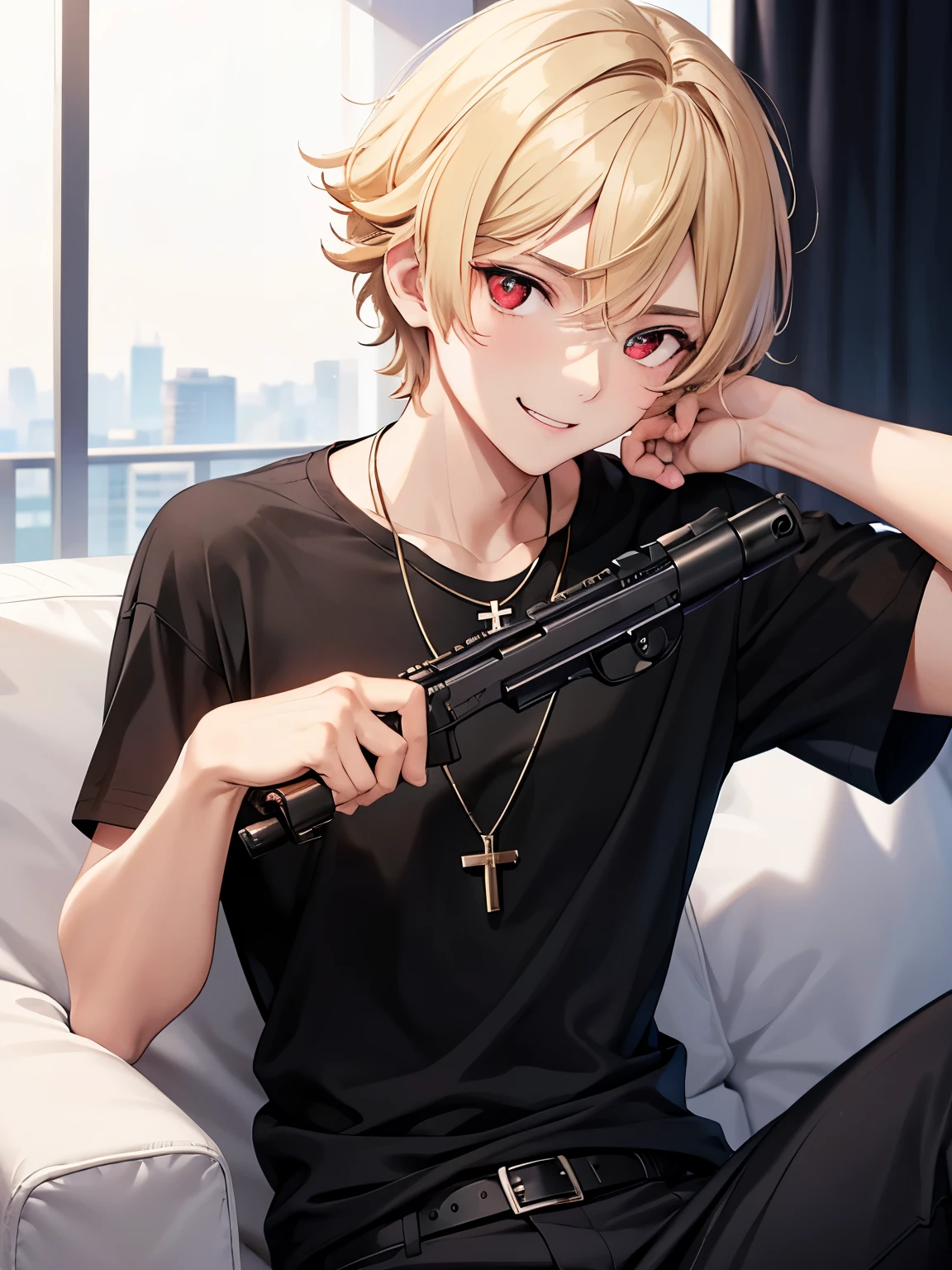 1boy,handsome,18 years old,holding sniper,sitting, smile, Holding a gun,aim to viewer,aim to viewer,,Perfect face, HD face, ultra detailed face, short hair, blonde hair, messy hair, bright red eyes red eyes,vampire, black t-shirt,black t-shirt,plain t-shirt,short sleeve t-shirt, black trousers, cross necklace,ultra detailed, ultra HD