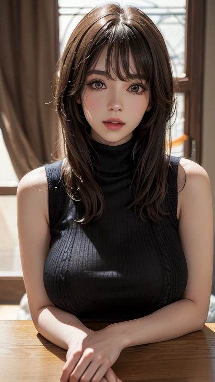 (UHD, Retina, masterpiece, precise, Anatomically_Accurate, Textured_skin, excellent_detail, High_details, High_quality, the best_quality, High_The reservoir, 1080p, HD, 4K, 8k, 16K), (fair_detailed_Eyes, fair_detailed_Lips, extremely_detailed_Eyes_and_Face), Soft_light, Physically based_Rendering, vivid_color, (Large target_breast:1.5), (shining_hair, shining_skin, Tanning_skin, Face红), (Bangs:1.5), Eye_reflection, (Bokeh), 微lol_and_lol, (sleeveless_turtleneck sweater_knitting:1.5),, 巨大性感的breast,Showing cleavage, Sexy big ass, Mature female, Sculptural figure, Sexy body,, Curvy body