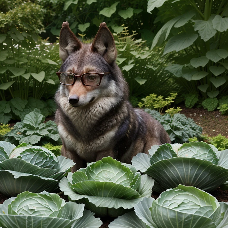 The bespectacled wolf is in the cabbage garden.