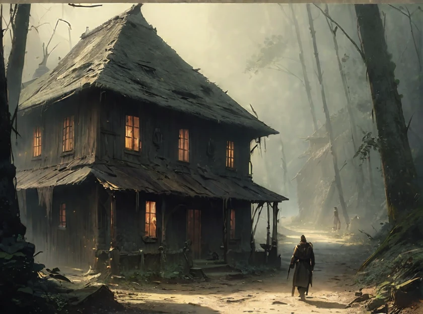 there is a solo man walking in the woods with a backpack, old house, stefan koidl inspired, bussiere rutkowski andreas rocha, by maxim verehin, inspired by maxim verehin, inspired by Tomasz Jedruszek, dark cinematic concept art, eerie nostalgic concept art, inspired by Igor Kieryluk, inspired by Ismail Inceoglu