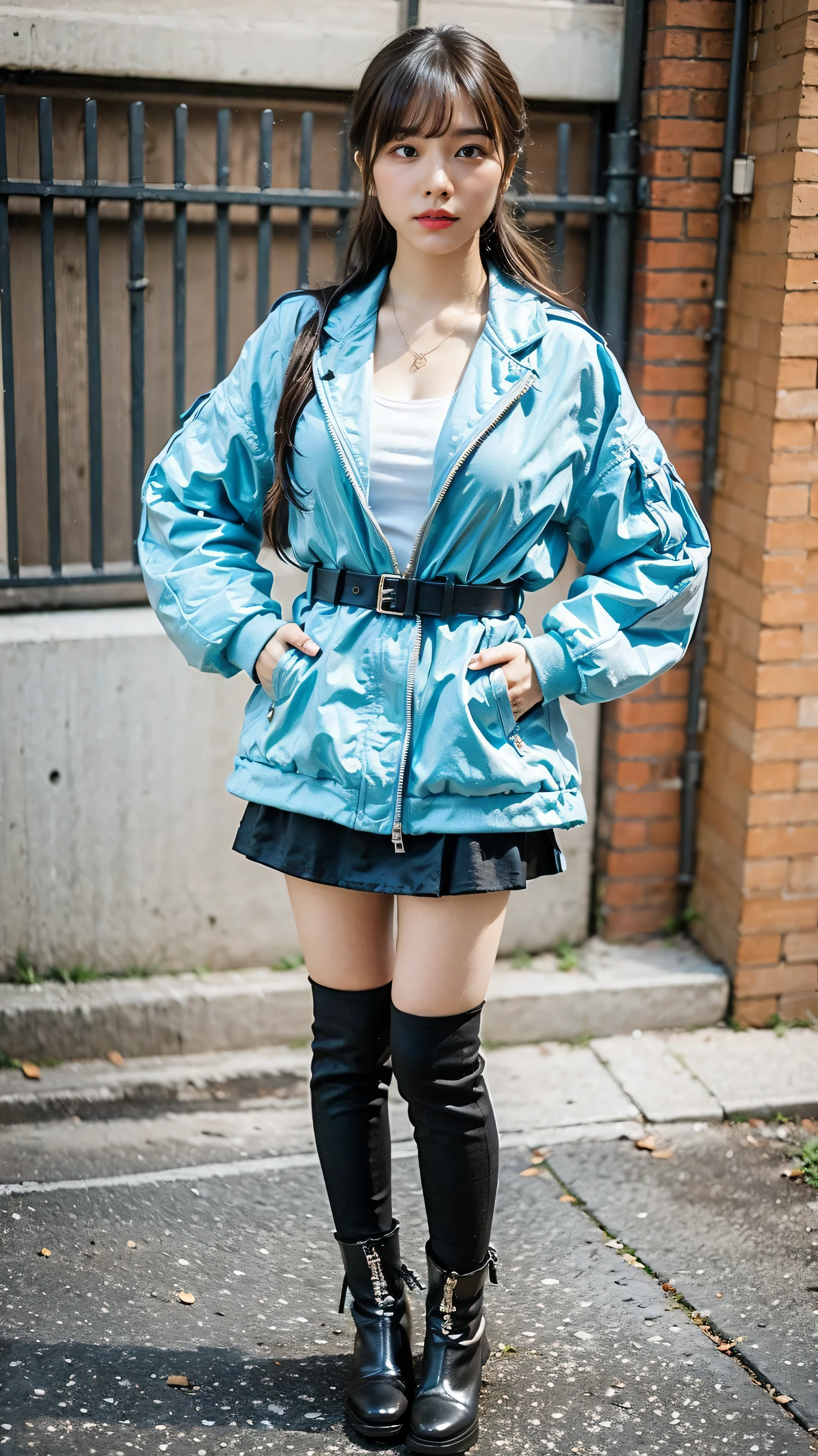 (8k、RAW Photos、highest quality、masterpiece:1.2)、(Realistic、Realistic)、1 girl、((Light blue jacket、See-through、Black Mini Skirt、Big Breasts、boots、I can see your chest、View from the front、Stand with hands on hips、stage))、