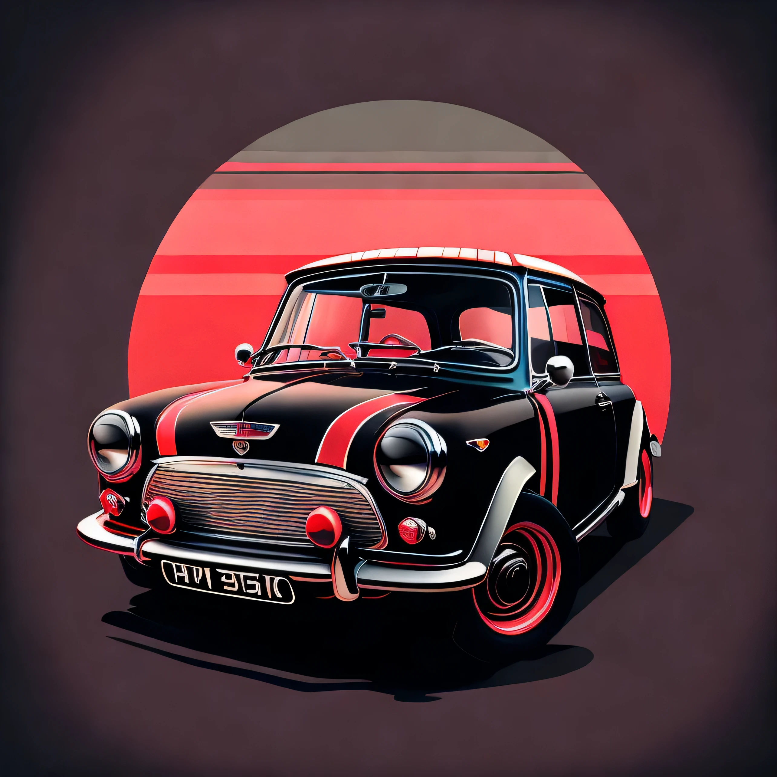 Artwork for t-shirt graphic design, a modern graphic design, classic 1966 Mini Cooper S , street, bold black with red roof colour, background in vintage pastel tone, highly detailed clean, vector image, realistic masterpiece, professional photography, realistic car, car sunrise background, flat black background, isometric, vibrant vector