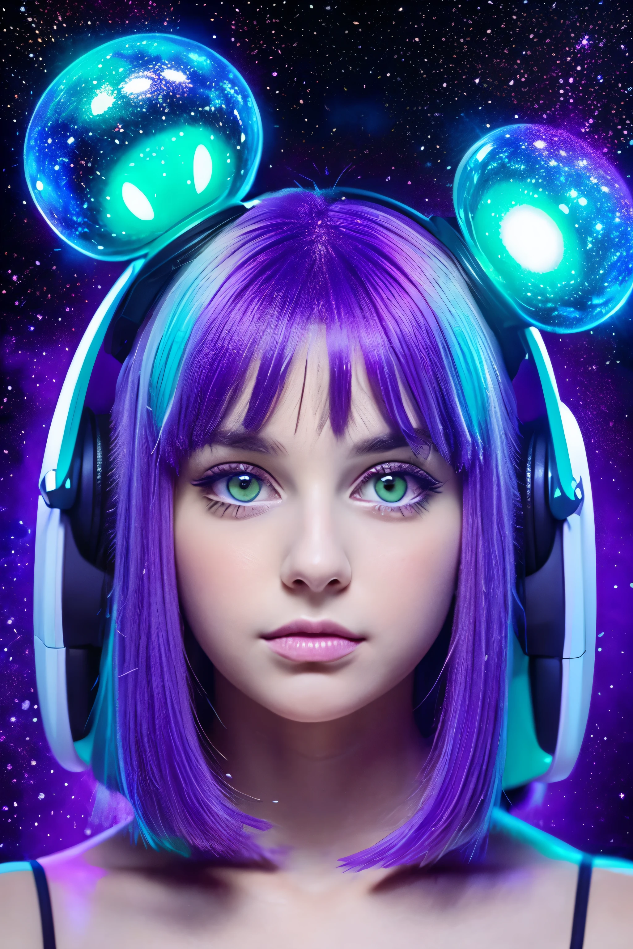 French Beautiful Girl、Green Eyes、Purple Hair、Cosmic Creatures, Bioluminescence, Celestial Background,pulsar、 wonder of the night,、unlimited、Spaceship、